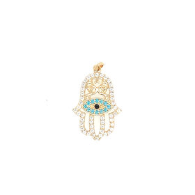 78107 14K YELLOW GOLD CUBIC ZIRCONIA HAMSA WITH EVIL EYE CENTER CHARM
