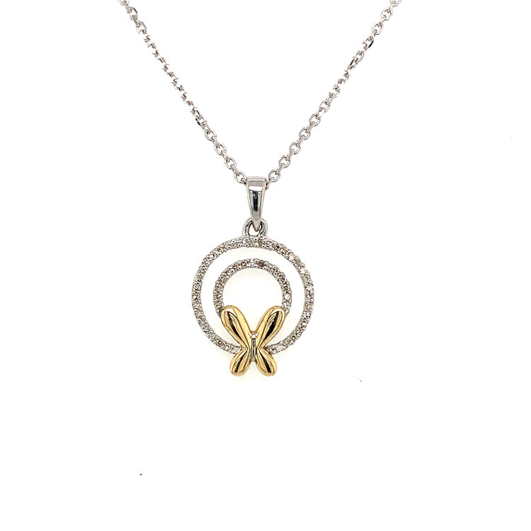 70354 STERLING SILVER .10TCW DIAMOND DOUBLE CIRCLE WITH YELLOW GOLD BUTTERFLY PENDANT SET