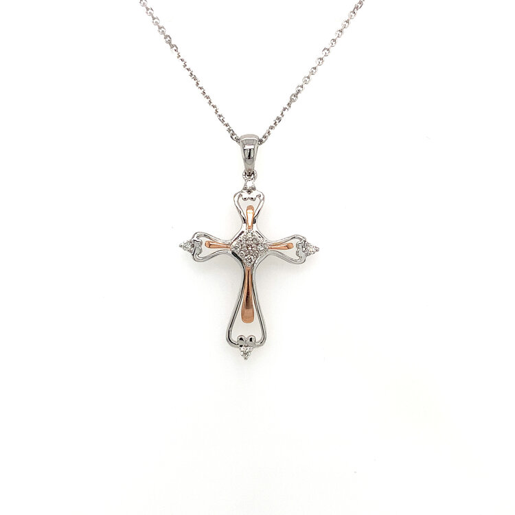 70356 10K WHITE AND ROSE GOLD .13TCW DIAMOND CLUSTER CENTER HIGH POLISH CROSS PENDANT SET H 1.25" W 20MM