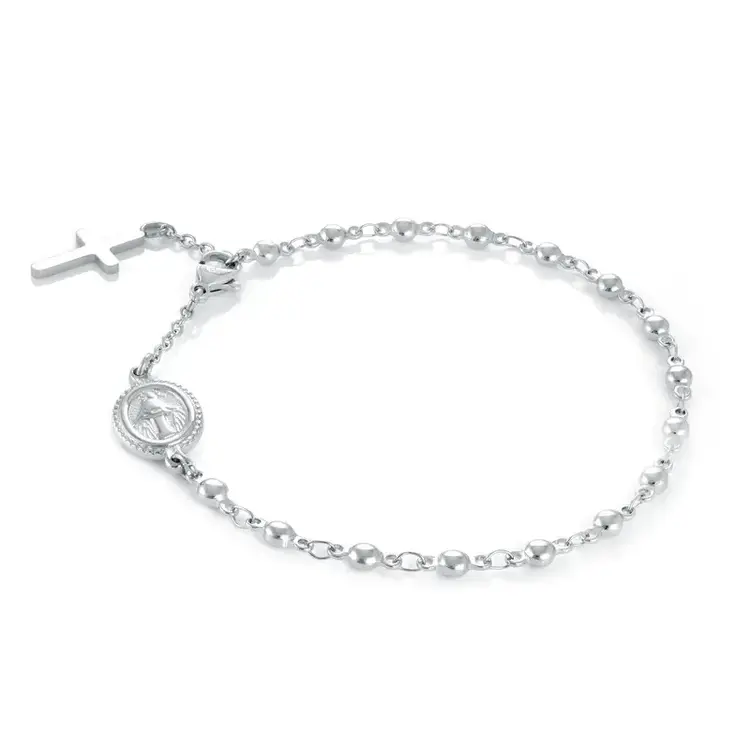 RB-2 ITALGEM STAINLESS STEEL ROSARY CROSS BRACELET 8"