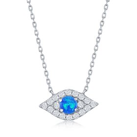 M-6882 Sterling Silver Blue Opal & Cubic Zirconia Evil Eye Necklace