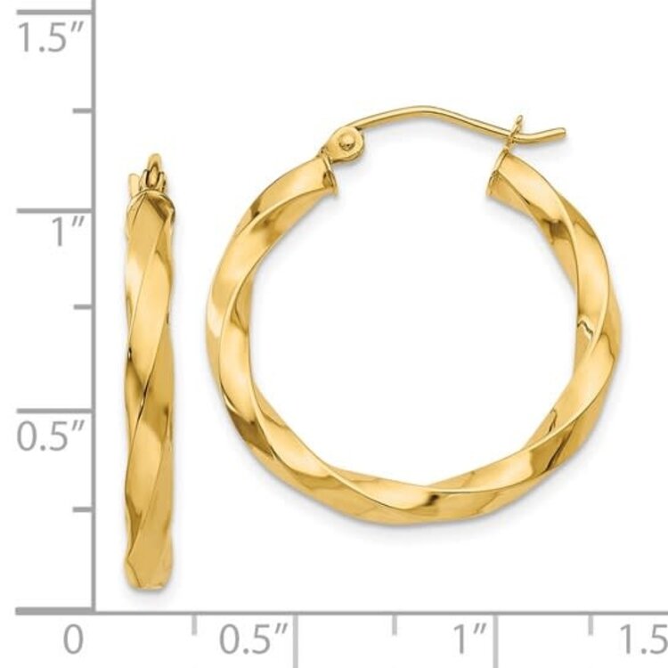 30963 14K YELLOW GOLD HIGH POLISHED TWISTED 3MM HOOPS