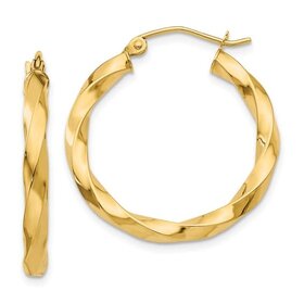 30963 14K YELLOW GOLD HIGH POLISHED TWISTED 3MM HOOPS