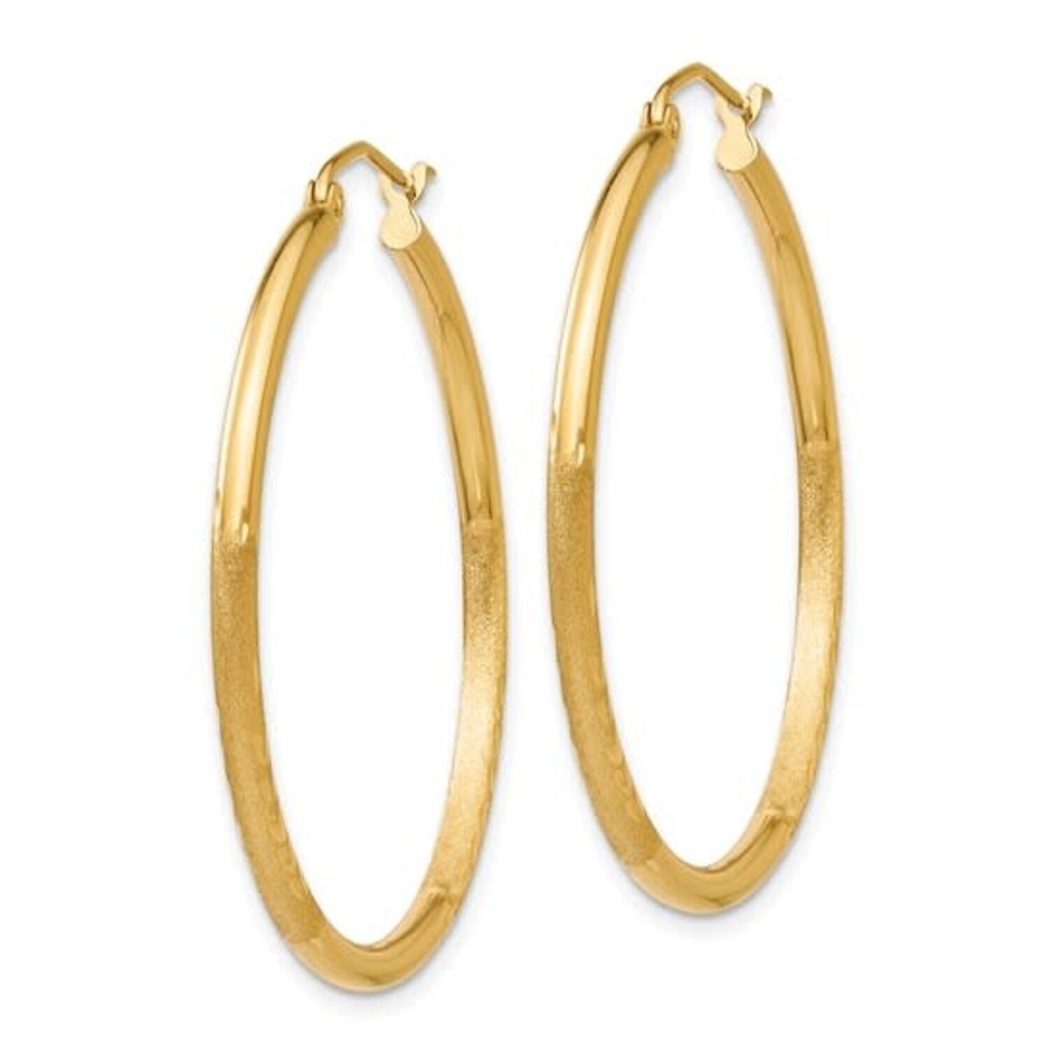 30964 14K YELLOW GOLD SATIN AND DIAMOND CUT 2MM ROUND TUBE HOOP EARRINGS  1.25''