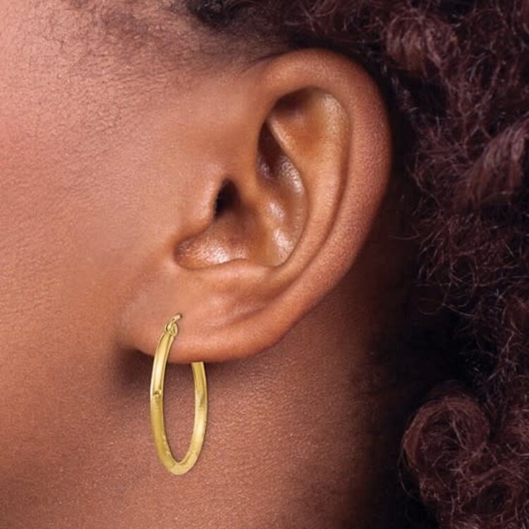 30969 14K YELLOW GOLD SATIN AND DIAMOND CUT ROUNDED TUBE HOOPS 2MM 1''