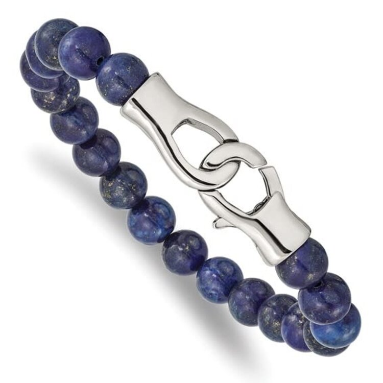 SRB2494 Stainless Steel Polished Genuine Lapis Beaded 9 inch Bracelet