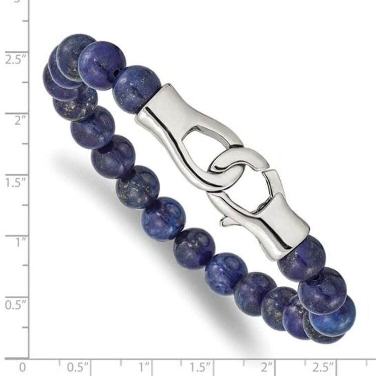 SRB2494 Stainless Steel Polished Genuine Lapis Beaded 9 inch Bracelet