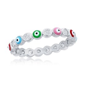 W-2921 Sterling Silver Cubic Zirconian & Multi Color Enamel Evil Eye Eternity Ring