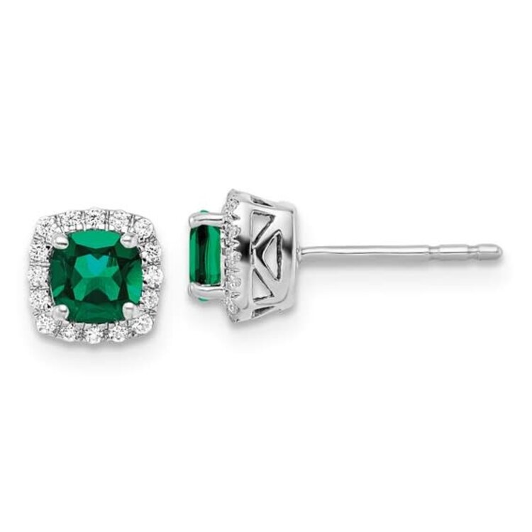 30982 14K WHITE GOLD LAB GROWN CUSHION SHAPE .12TCW DIAMOND AND EMERALD STUDS