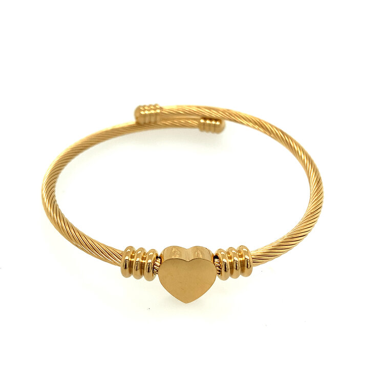 90038 STAINLESS STEEL YELLOW IP PLATED HEART WIRE BANGLE BRACELET