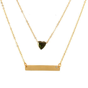 90042 STAINLESS STEEL YELLOW IP PLATED DOUBLE LAYER HEART AND ID BAR NECKLACE