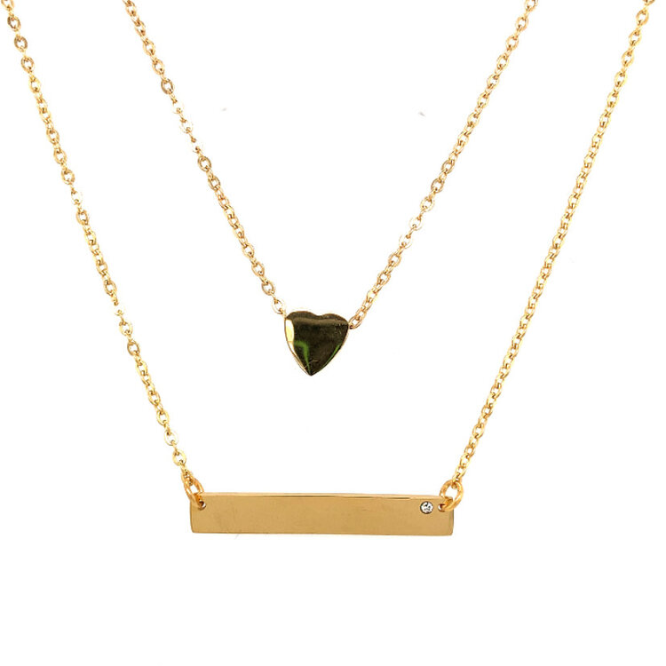 90042 STAINLESS STEEL YELLOW IP PLATED DOUBLE LAYER HEART AND ID BAR NECKLACE