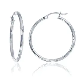 30995 14K WHITE GOLD 2MM TUBE WITH DIAMOND CUT ACCENT HOOPS 1"
