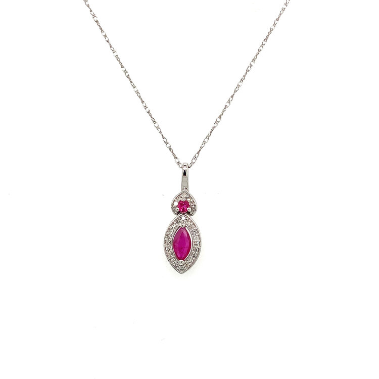 70368 14K WHITE GOLD .08TCW DIAMOND MARQUISE AND ROUND RUBY HALO PENDANT SET