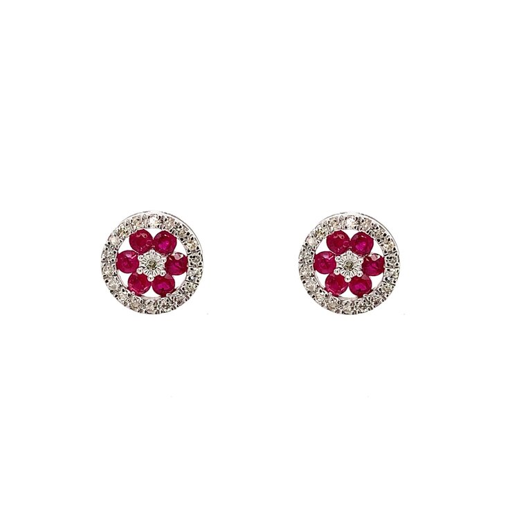 31004 10K WHITE GOLD RUBY FLOWER .25TCW DIAMOND HALO STUDS