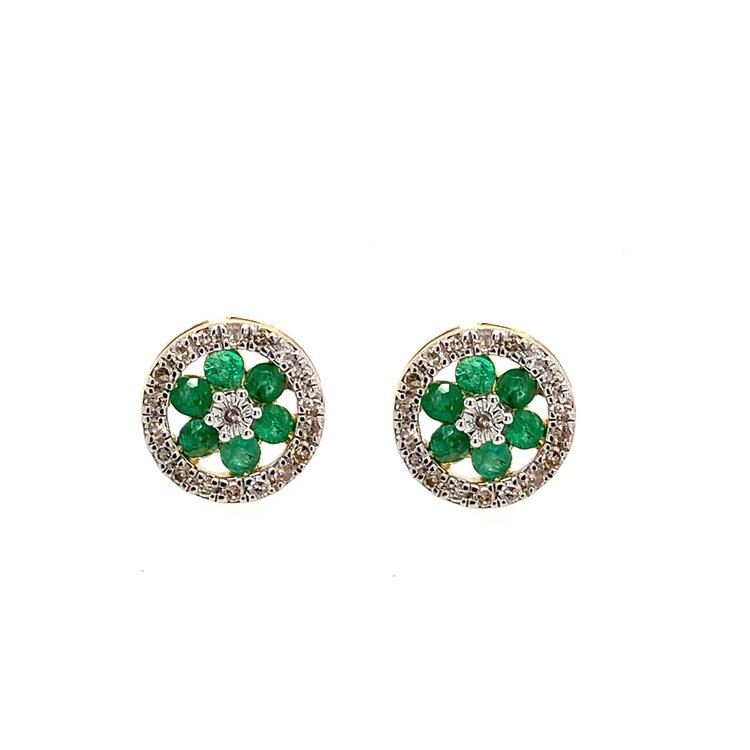 31007 10K 2 TONE GOLD EMERALD FLOWER .25TCW DIAMOND HALO STUDS