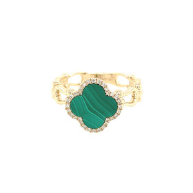 40338 14K YELLOW GOLD .14TCW DIAMOND HALO FOUR CLOVER MALACHITE GEMSTONE RING