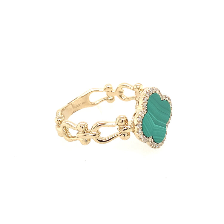 40338 14K YELLOW GOLD .14TCW DIAMOND HALO FOUR CLOVER MALACHITE GEMSTONE RING