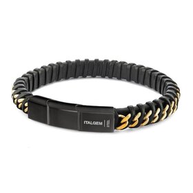 SLB522 ITALGEM BLACK IP STAINLESS STEEL GOLD IP CURB LINK BLACK LEATHER TWISTED BRACELET