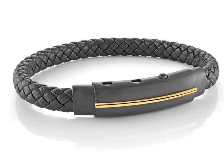 Slb573 ITALGEM STAINLESS STEEL GOLD IP 3 WAY CLASP LINED PLATE BLACK LEATHER BRACELET