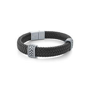 SLB559 ITALGEM STEEL CHEVRON DESIGN BLACK LEATHER BRACELET