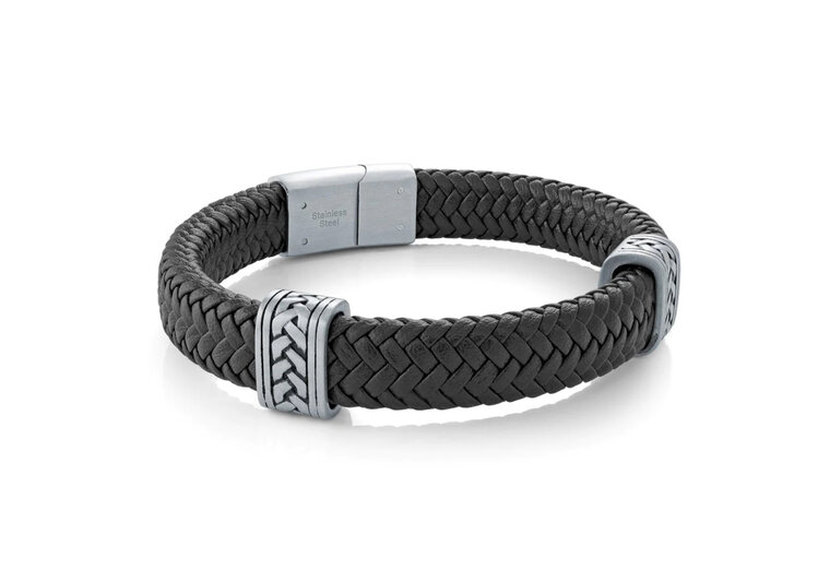 SLB559 ITALGEM STEEL CHEVRON DESIGN BLACK LEATHER BRACELET