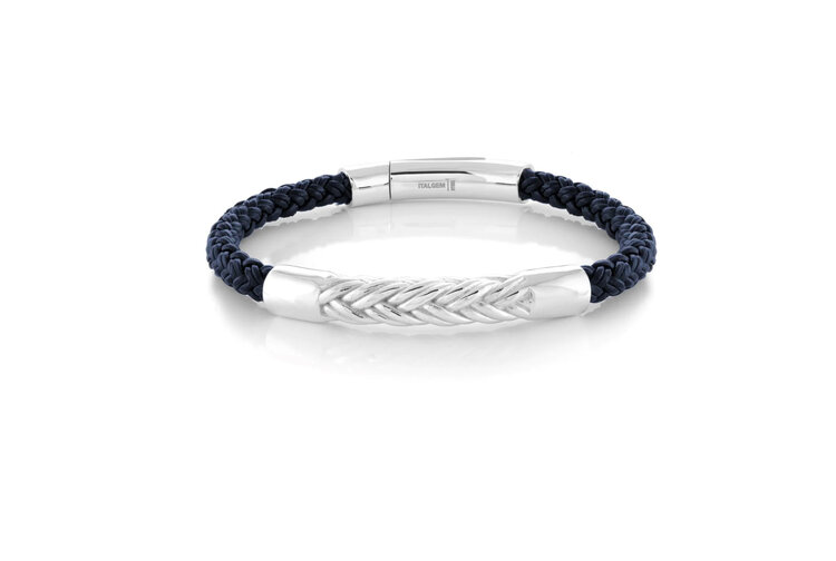 SLB593 ITALGEM STEEL GUN STEEL CLASP AND BAR DARK BLUE LEATHER BRACELET