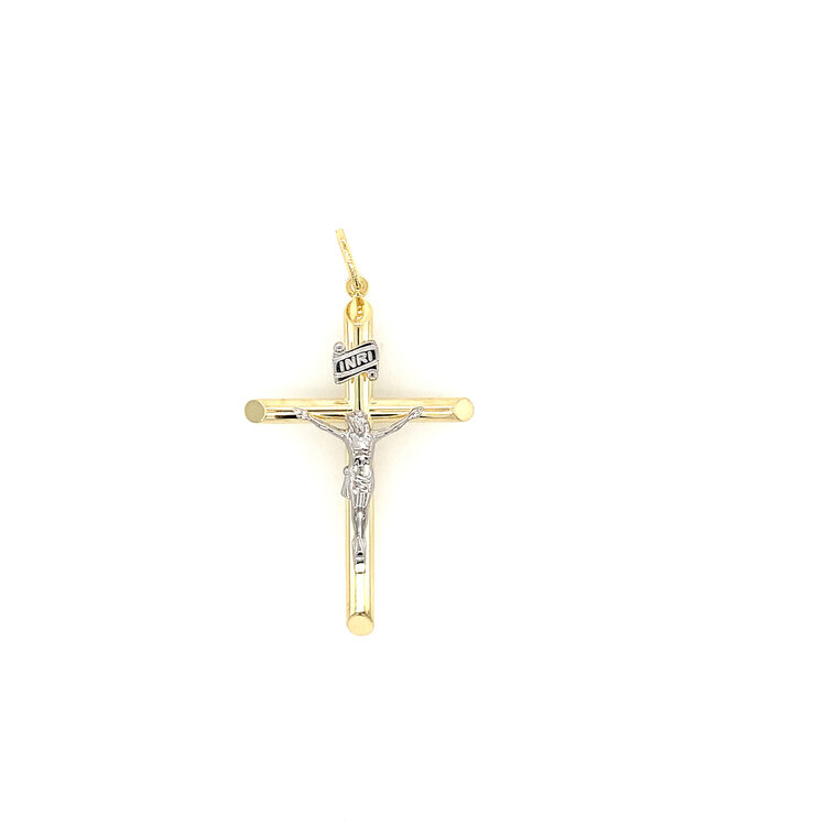 77277 14K TWO TONE SLANTED EDGES TUBE TRADITIONAL CRUCIFIX 1.5"