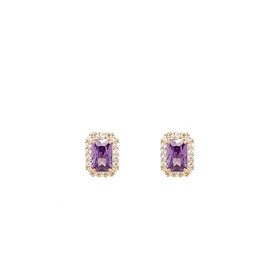 31065 14K YELLOW GOLD PURPLE EMERALD CUT CUBIC ZIRCONIA HALO SCFREWBACKS BABY EARRINGS