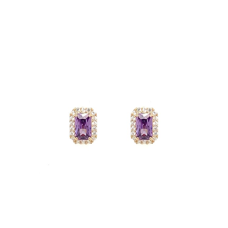 31065 14K YELLOW GOLD PURPLE EMERALD CUT CUBIC ZIRCONIA HALO SCFREWBACKS BABY EARRINGS