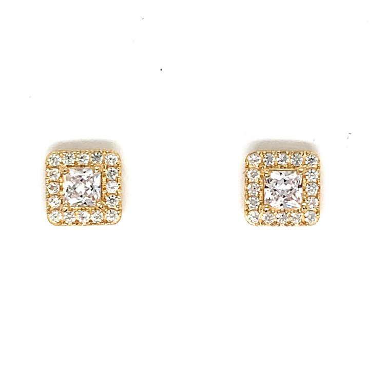 31067 14K YELLOW GOLD PRINCESS CUT CUBIC ZIRCONIA HALO PUSH BACK 6MM STUDS