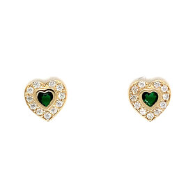 31070 14K YELLOW GOLD WHITE AND GREEN CUBIC ZIRCONIA HEART CENTER BEZEL SCREWBACK BABY EARRINGS
