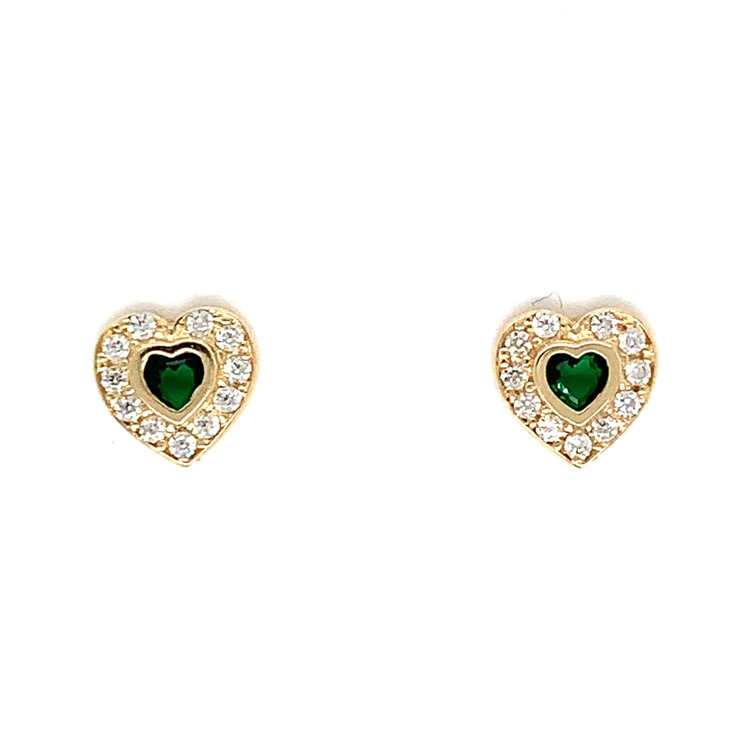31070 14K YELLOW GOLD WHITE AND GREEN CUBIC ZIRCONIA HEART CENTER BEZEL SCREWBACK BABY EARRINGS