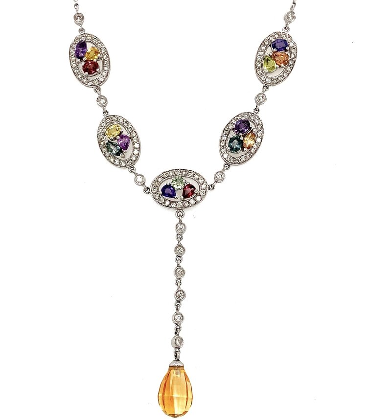 60147 14K WHITE GOLD 1.5CTW DIAMOND MULTICOLOR SAPPHIRE  DROP CITRINE COCKTAIL NECKPIECE