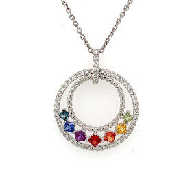 70403 18K WHITE GOLD .27CTW DIAMOND MULTICOLOR SAPPHIRE CIRCLE CUT OUT DIAMOND ON BAIL PENDANT 14K WHITE GOLD CHAIN NECKLACE