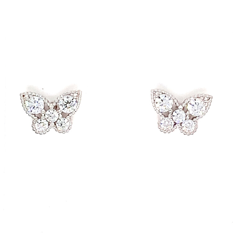 31059 14K WHITE GOLD CUBIC ZIRCONIA MILGRAIN BUTTERFLY SCREW BACK BABY EARRINGS