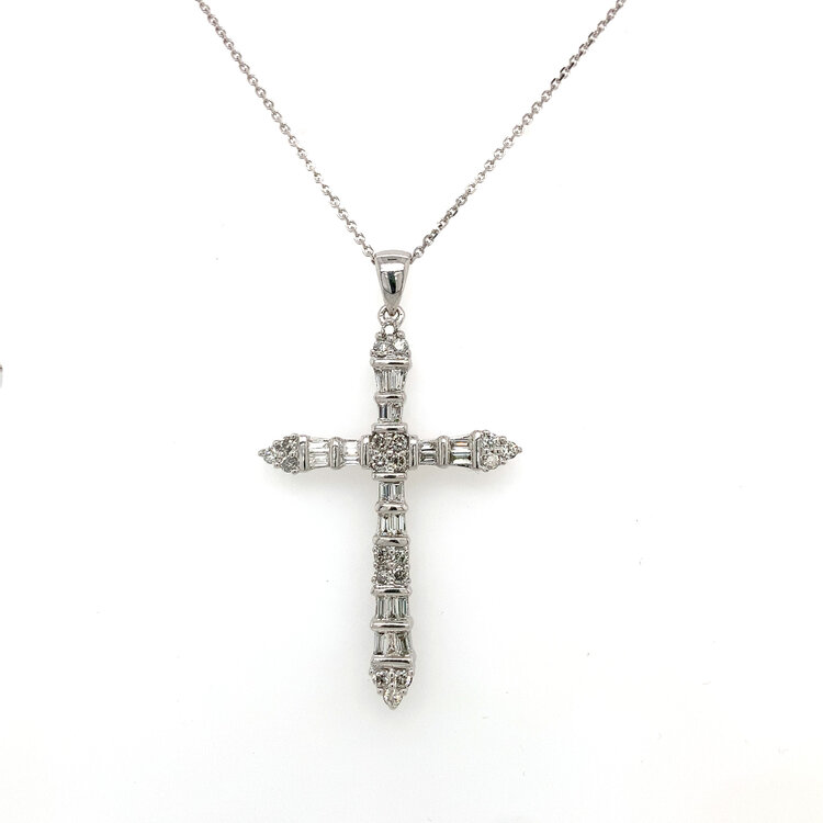 70406 14K WHITE GOLD 1CT BAGUETTE AND ROUND DIAMOND BAR SETTING CROSS PENDANT SET