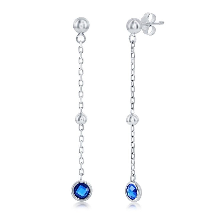 D-8376 Sterling Silver Bezel-Set CZ & Bead Chain Earrings - Sapphire