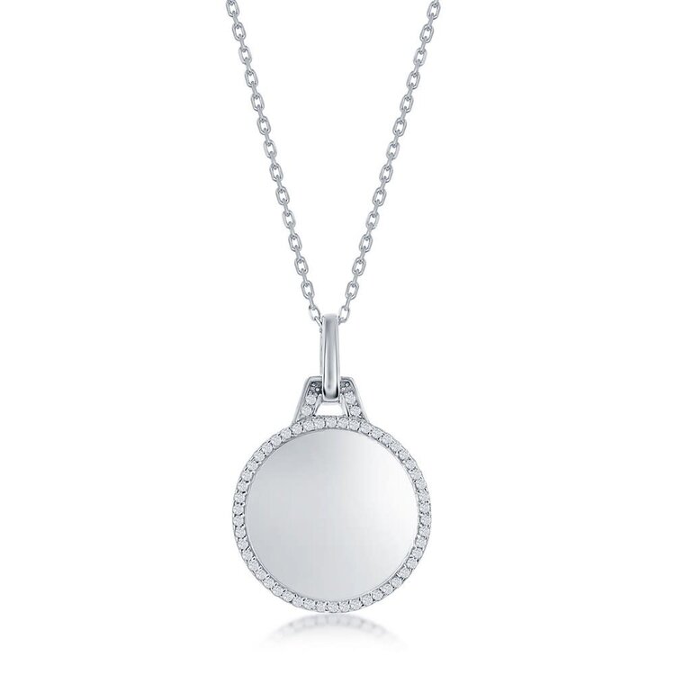 M-7038 Sterling Silver Polished Circle w/CZ Border Necklace