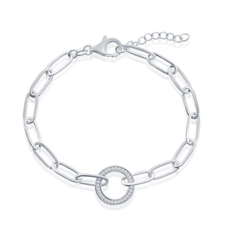 T-7967 Sterling Silver Cubic Zirconia Circle Paperclip Bracelet