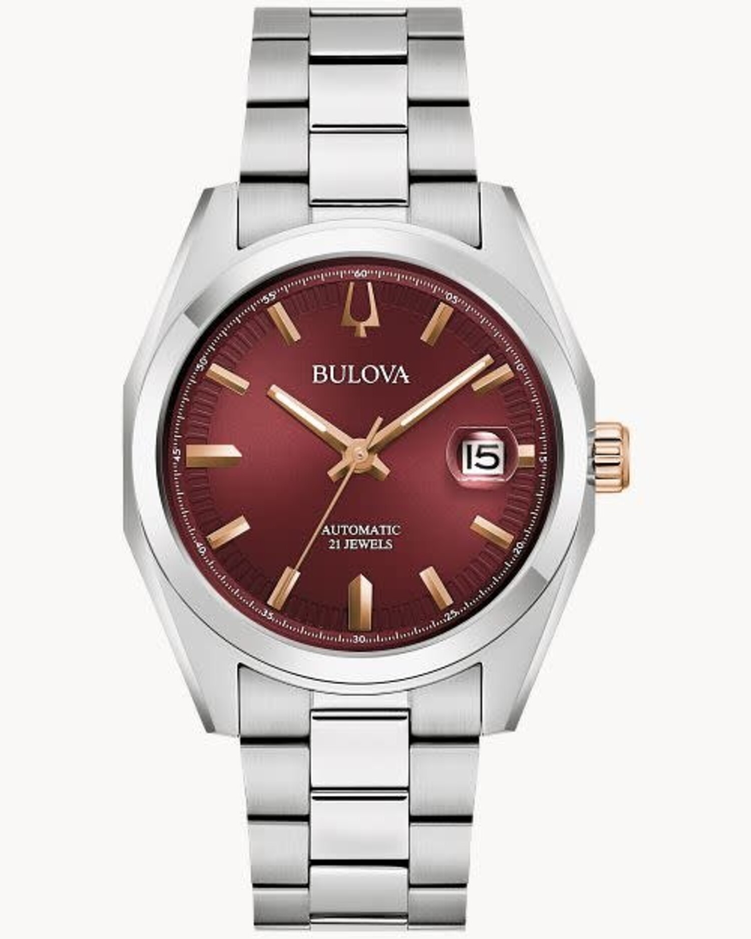 BULOVA STAINLESS STEEL MEN'S SURVEYOR BURGUNDY WITH ROSE GOLD DIAL