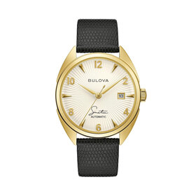 Bulova Frank Sinatra 'Fly Me To The Moon' Black Leather Strap Watch 39mm gold tone case winding watch