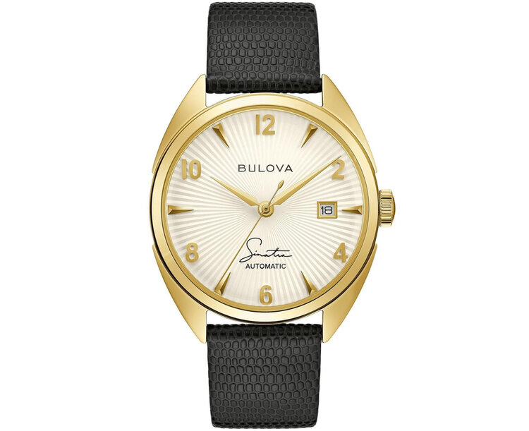 Bulova Frank Sinatra 'Fly Me To The Moon' Black Leather Strap Watch 39mm gold tone case winding watch