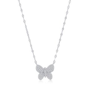 M-7563 Sterling Silver Butterfly Pave CZ Mirror Chain Necklace