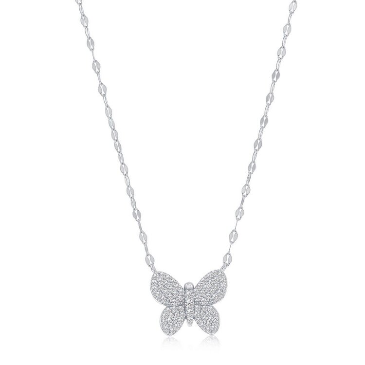 M-7563 Sterling Silver Butterfly Pave CZ Mirror Chain Necklace