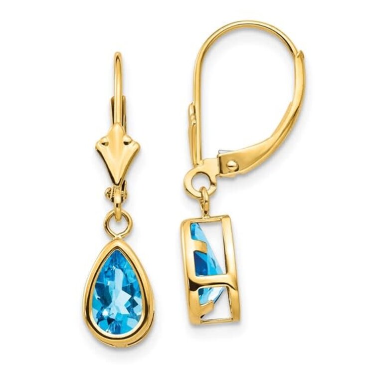 31115 14K YELLOW GOLD BEZEL SET PEAR SHAPE BLUE TOPAZ HANGING EARRINGS