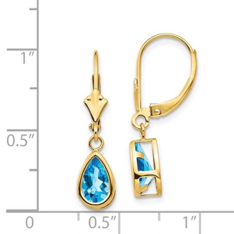31115 14K YELLOW GOLD BEZEL SET PEAR SHAPE BLUE TOPAZ HANGING EARRINGS
