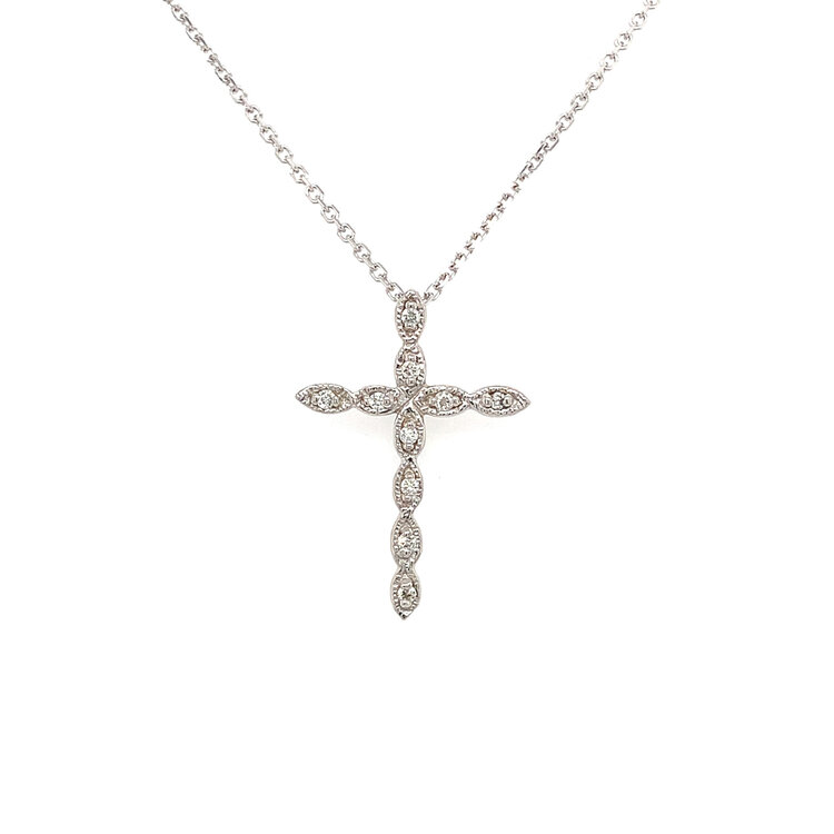 77212 14K WHITE GOLD  .10CTW DIAMOND  BEADED SETTING CROSS PENDANT SET