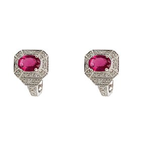 30009 14K WHITE GOLD OVAL RED TOURMALINE  DIAMOND HALO HINGE BACK EARRINGS