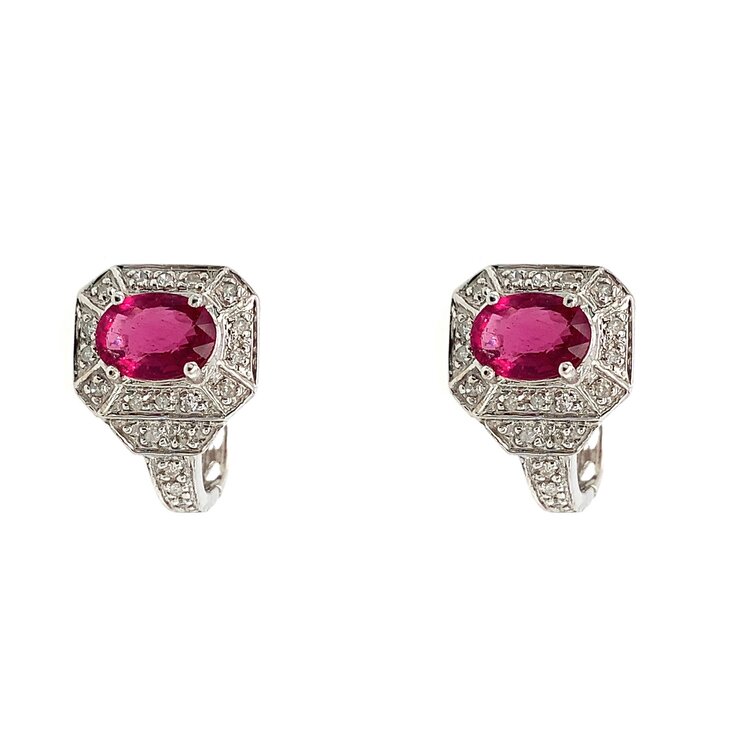 30009 14K WHITE GOLD OVAL RED TOURMALINE  DIAMOND HALO HINGE BACK EARRINGS